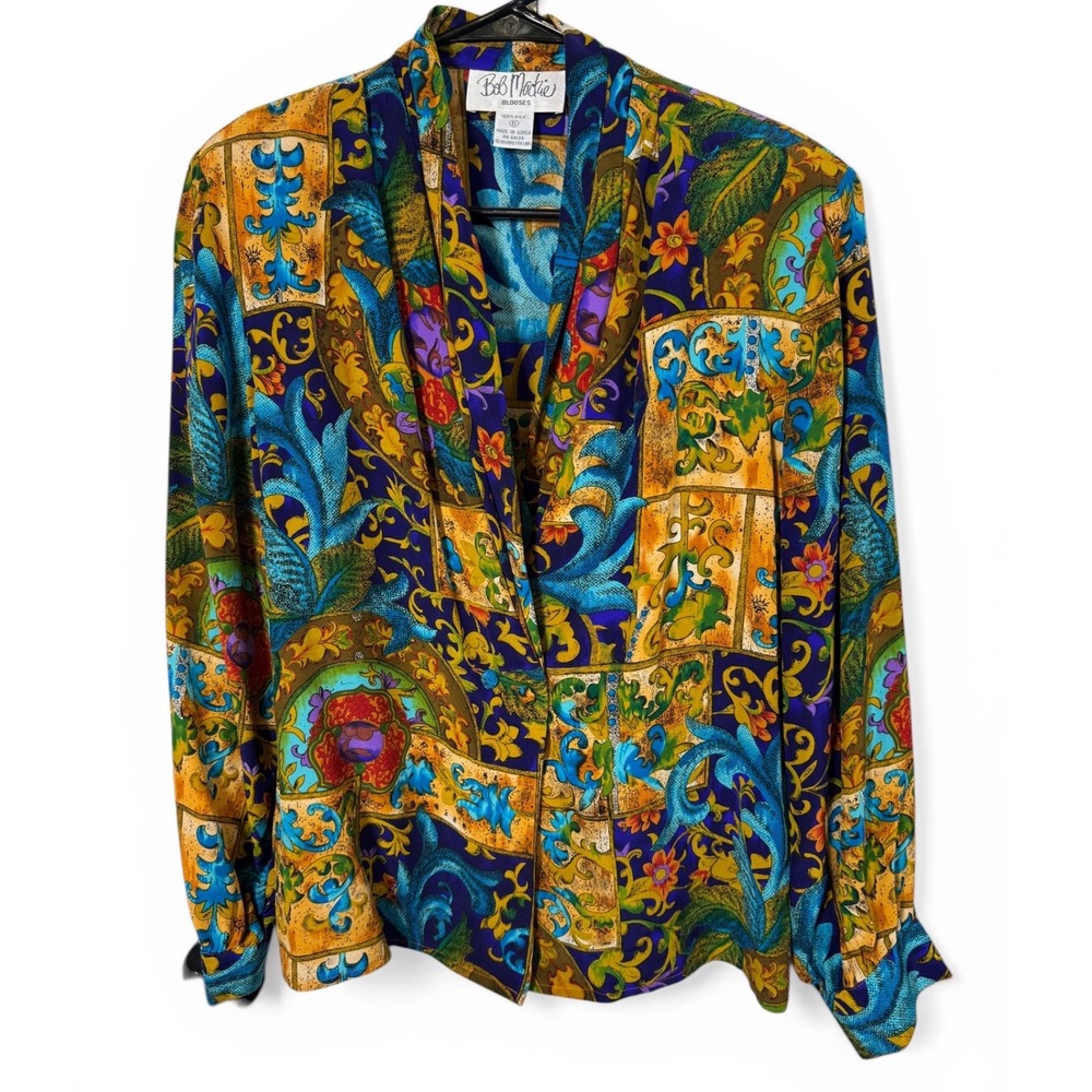 Vintage Bob Mackie Silk‎ Blouse Womens 6 Blue Baroque Floral Shawl Collar Top
